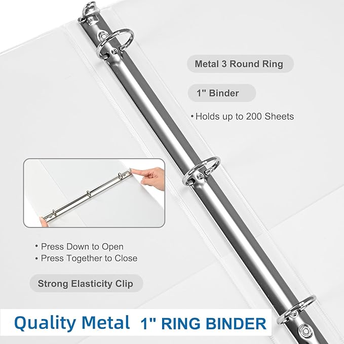 1-inch 3-Ring Binder, 1 Inch Round Ring Binder with 2 Inside Pockets, 8 Pack White Binders, Clear View Cover, Holds 8.5'' x 11''Paper for Office/Home/Back to School