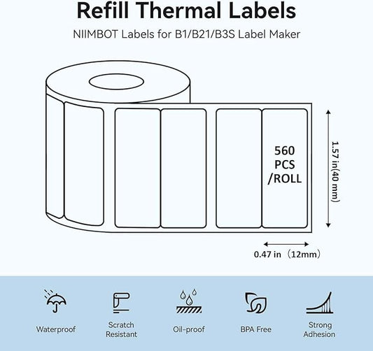NIIMBOT Labels for B1/B21/B3S/K3 Label Maker, (2 Rolls, 1.57'' x 0.47'' / 40x12mm) Thermal Sticker Label, Waterproof, Oil-Proof and Tear-Proof, Self-Adhesive Thermal Labels (White)