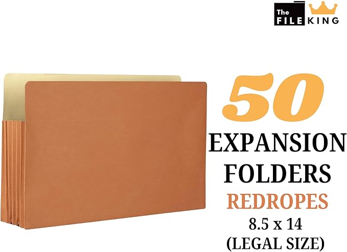 The File King Expanding Accordion File Folder - Legal Size | Box of 50 Redropes | 5.25” Expansion | Store and Organize Papers | Keep Records in One Place | Save Time Searching