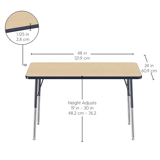 FDP Rectangle Activity School and Office Table (24 x 48 inch), Standard Legs with Swivel Glides, Adjustable Height 19-30 inches - Maple Top and Navy Edge