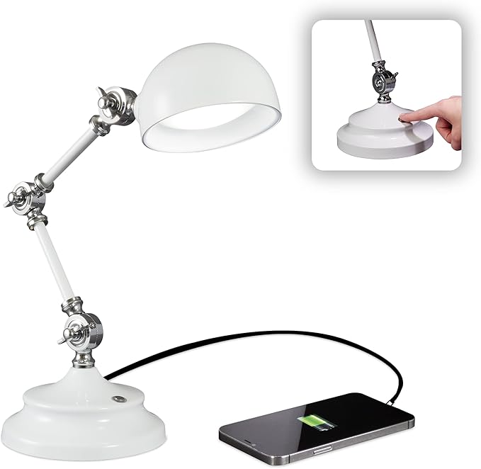 OttLite Pevention Pharmacy Adjustable LED Desk Lamp with USB Charging - Designed to Reduce Eyestrain, 3-Point Adjustable Neck, 3 Brightness Settings with Touch Controls