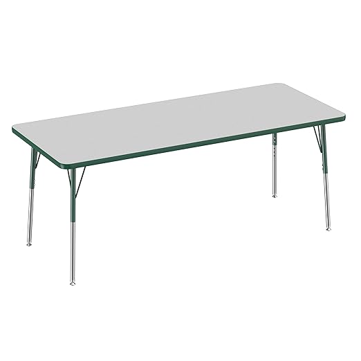 FDP Rectangle Activity School and Office Table (30 x 72 inch), Standard Legs with Swivel Glides, Adjustable Height 19-30 inches - Gray Top and Green Edge