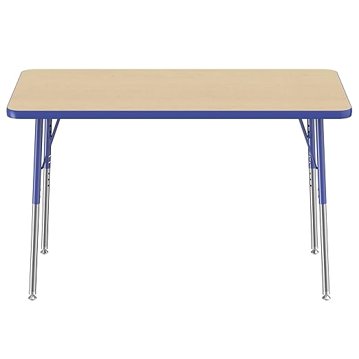 FDP Rectangle Activity School and Office Table (24 x 48 inch), Standard Legs with Swivel Glides, Adjustable Height 19-30 inches - Maple Top and Blue Edge