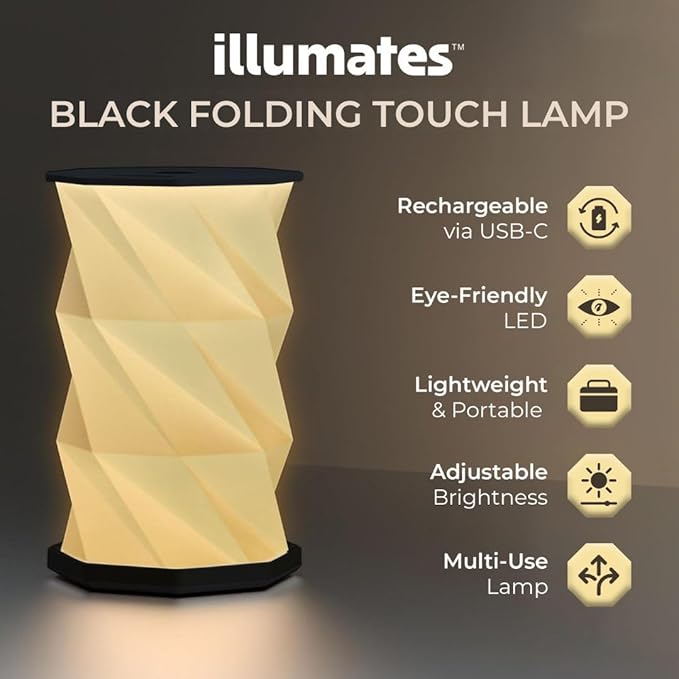 Foldable LED Desk Lamp – USB Rechargeable & Portable - Dimmable Touch Control Light with Adjustable Height up to 8.25" for Office, Travel, Bedside - Sleek & Modern Design (Black)