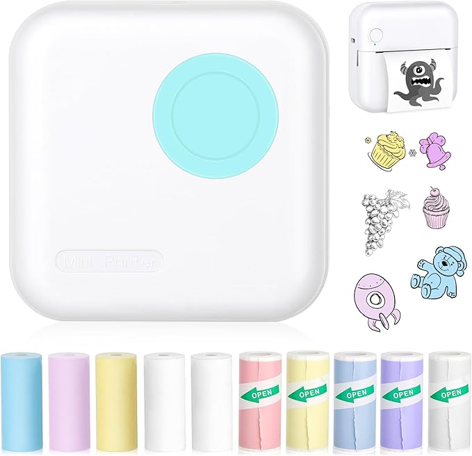 Mini Pocket Bluetooth Printer-Portable Thermal Printer with 10 Roll Papers for Journal/DIY Scrapbook/Travel/Notes/Lists/Label/Memo for Children Women Gifts Kids Christmas
