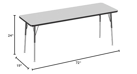FDP Rectangle Activity School and Office Table (24 x 72 inch), Standard Legs with Swivel Glides, Adjustable Height 19-30 inches - Gray Top and Black Edge