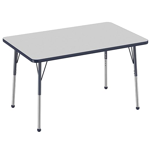 FDP Rectangle Activity School and Office Table (30 x 48 inch), Standard Legs with Ball Glides, Adjustable Height 19-30 inches - Gray Top and Navy Edge