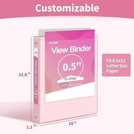 SUNEE 3 Ring Binder 1/2 Inch 1 Pack, Clear View Binder Three Ring PVC-Free (Fit 8.5x11 Inches) for School or Office Supplies, Pink