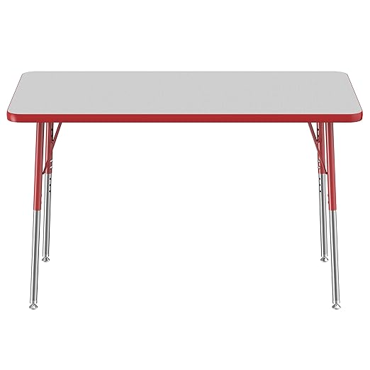 Factory Direct Partners FDP Rectangle Activity School and Office Table (24 x 48 inch), Standard Legs with Swivel Glides, Adjustable Height 19-30 inches - Gray Top and Red Edge