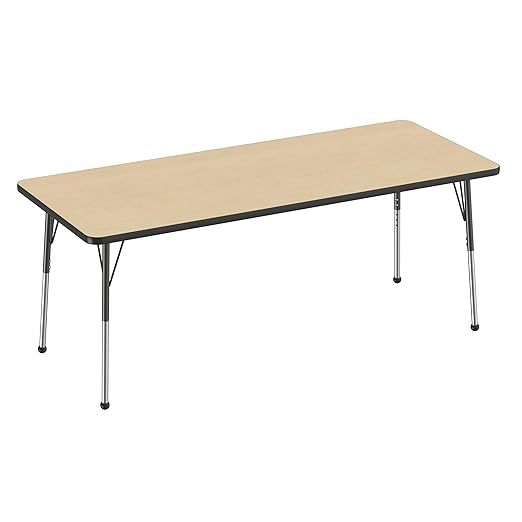 FDP Rectangle Activity School and Office Table (30 x 72 inch), Standard Legs with Ball Glides, Adjustable Height 19-30 inches - Maple Top and Black Edge