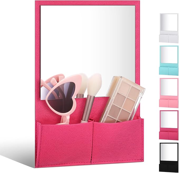 Magnetic Locker Mirror 7 x 6.7 Inch Magnet Mirror with Holder Bag Locker Organizer Accessories Decorations for Office Cabinet Bathroom Refrigerator(Rose Red)