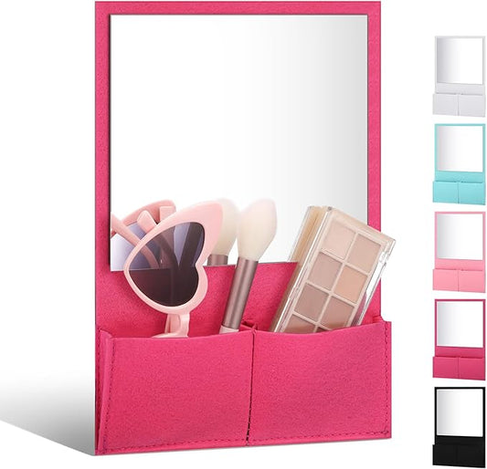 Magnetic Locker Mirror 7 x 6.7 Inch Magnet Mirror with Holder Bag Locker Organizer Accessories Decorations for Office Cabinet Bathroom Refrigerator(Rose Red)