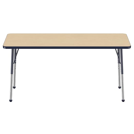 FDP Rectangle Activity School and Office Table (24 x 60 inch), Standard Legs with Ball Glides, Adjustable Height 19-30 inches - Maple Top and Navy Edge