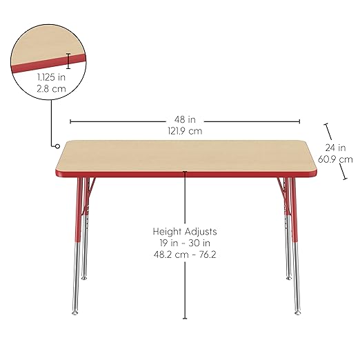 FDP Rectangle Activity School and Office Table (24 x 48 inch), Standard Legs with Swivel Glides, Adjustable Height 19-30 inches - Maple Top and Red Edge