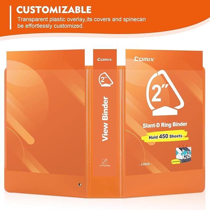 COMIX Sturdy 3 Ring Binder 2 inch with Clear View Cover, 2" Slant-D Ring View Binder Holds 500 Sheets of US Letter Size Paper, 6 Pack (Orange)