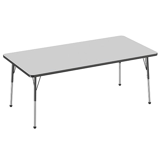 FDP Rectangle Activity School and Office Table (36 x 72 inch), Standard Legs with Ball Glides, Adjustable Height 19-30 inches - Gray Top and Black Edge