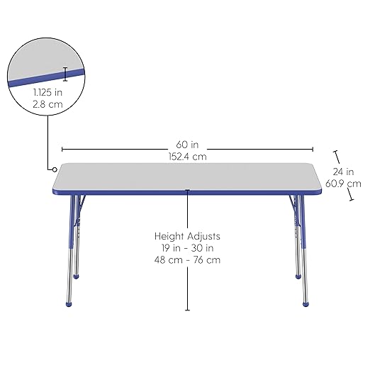 FDP Rectangle Activity School and Office Table (24 x 60 inch), Standard Legs with Ball Glides, Adjustable Height 19-30 inches - Gray Top and Blue Edge