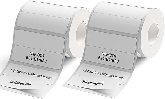NIIMBOT Labels for B1/B21/B3S/K3 Label Maker, (2 Rolls, 1.57'' x 0.47'' / 40x12mm) Thermal Sticker Label, Waterproof, Oil-Proof and Tear-Proof, Self-Adhesive Thermal Labels (White)