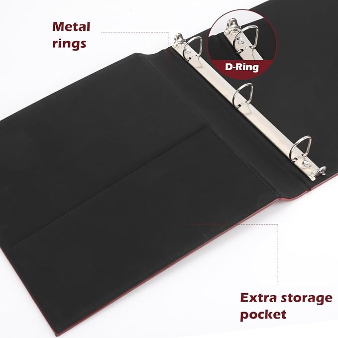 Vintage Hardback 3 Ring Binder 1 Inch, Professional Leather Binder 3 Ring, Three Ring Binders Fits 8.5" x 11", D Ring Binders for Photo Album, Home, School and Office Supplies- Dark Red