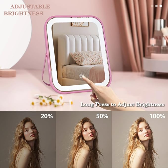 Pink Rechargeable Vanity Mirror with Lights, LED Makeup Mirror, 10"×8" Lighted Makeup Mirror with Lights, Smart Touch Control Dimmable 3 Modes Light, Lighted Up Mirror for Makeup Desk, Bedroom