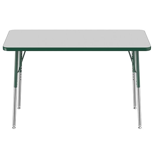 FDP Rectangle Activity School and Office Table (24 x 48 inch), Standard Legs with Swivel Glides, Adjustable Height 19-30 inches - Gray Top and Green Edge