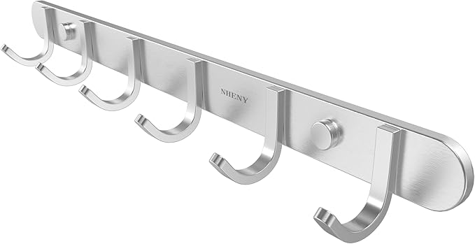 Coat Hook Wall Mount - NHENY Towel Rack with 6 Hooks Hanger for Hanging Clothes, Bags, Keys, and Towels Bathroom, Entryway, Door, 304 Stainless Steel Brushed Nickel