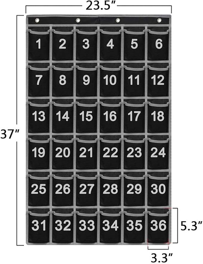 Godery Numbered Classroom Pocket Chart for Cellphone and Calculator holder, 36 Hanging Wall or Door Organizer (36 Pocket)