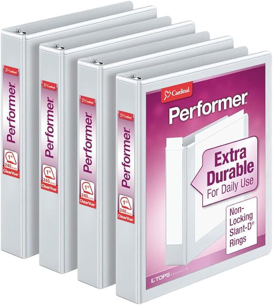 Cardinal Performer 3-Ring Binders, 1", Non-Locking Slant-D Rings, 240-Sheet Capacity, ClearVue Presentation, Non-Stick, PVC-Free, White, 4-Pack (27200)