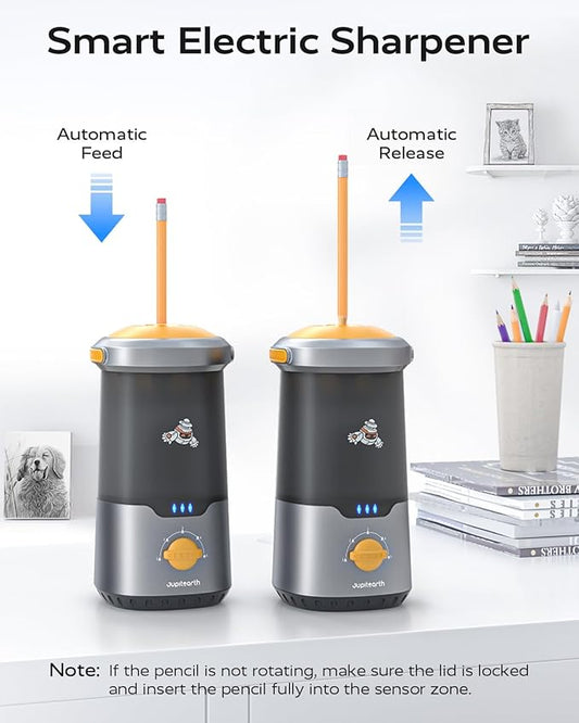 Electric Pencil Sharpener for Kids, Hands-Free, Rechargeable, Auto in & Out Spaceship Fully Automatic Pencil Sharpener Fits 6.9-11mm Colored/No.2 Pencils for Classroom Home Office (Black)