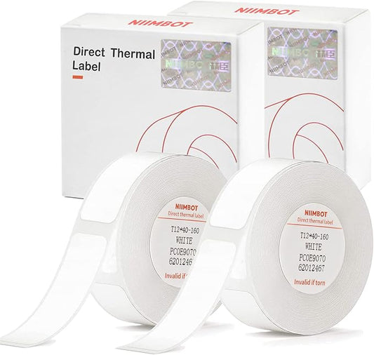NIIMBOT Label Tape of Model D11/D110/D101 Printer, (2 Rolls, 0.47"×1.57"/12×40mm) Waterproof and Self-Adhesive Labels, Office & Home Labeling Tape Replacement (White)