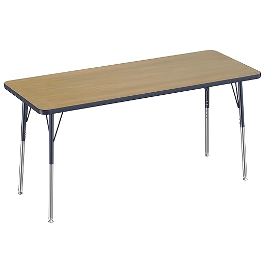 FDP Rectangle (24 x 60 inch) Classroom Table with Adjustable Standard Swivel Glide Legs (19-30 in); School and Office Furniture - Pasadena Oak Top/Navy Edge and Legs