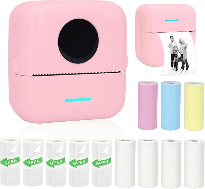 Mini Portable Printer, Inkless Sticker Printer with 12 Rolls Paper, Thermal for Notes/Photos/Stickers/Labels/Receipts, Compatible with iPhone, Android Phone & Tablet, Pink