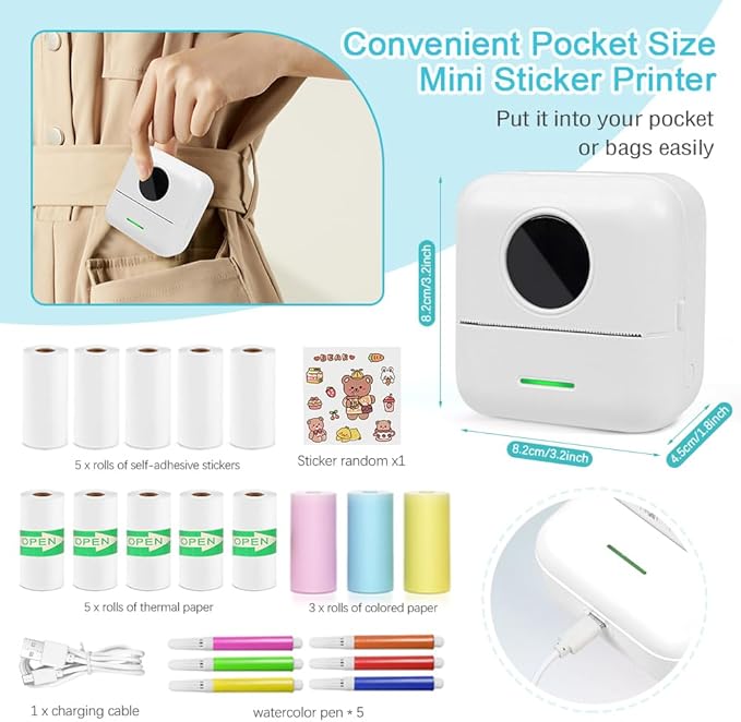 MXiiXM Mini Sticker Printer, Portable Pocket Smart Inkless Thermal Printer with 13 Roll Papers, Bluetooth Mini Printer for Notes, Photos, Stickers, Labels, Receipts (White)
