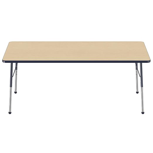Factory Direct Partners FDP Rectangle Activity School and Office Table (36 x 72 inch), Standard Legs with Ball Glides, Adjustable Height 19-30 inches - Maple Top and Navy Edge