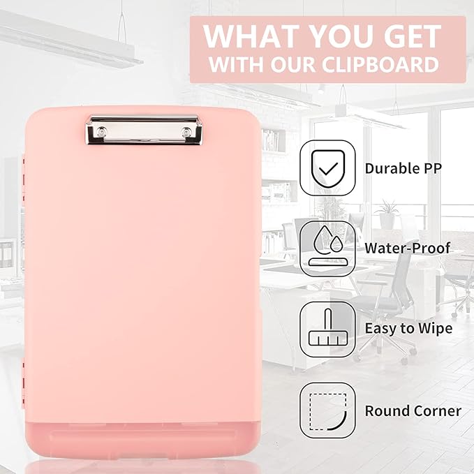 Clipboard with Storage,A4 Binder Nursing Clipboards with Pen Holder,Heavy Duty Storage Clipboard with Low Profile Clip, Clipboards Folder Side-Opening Clip Boards,Smooth Write Clip Board (Light Pink)