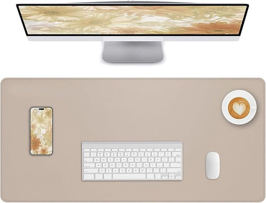 Large Desk Mouse Pad Protector, Stitched Locking Edge Non-Slip PU Leather Desk Mat Laptop Table Pad Blotter, Waterproof Durable Writing Pad for Office and Home (Beige, 90 x 43cm)