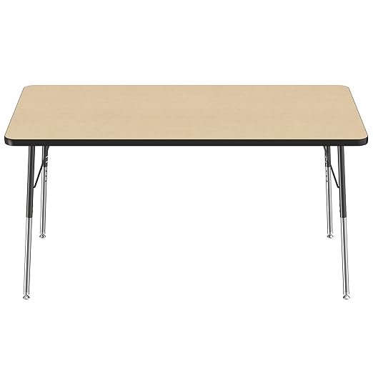 FDP Rectangle Activity School and Office Table (36 x 60 inch), Standard Legs with Swivel Glides, Adjustable Height 19-30 inches - Maple Top and Black Edge