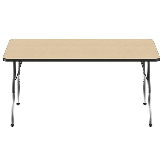FDP Rectangle Activity School and Office Table (30 x 60 inch), Standard Legs with Ball Glides, Adjustable Height 19-30 inches - Maple Top and Black Edge