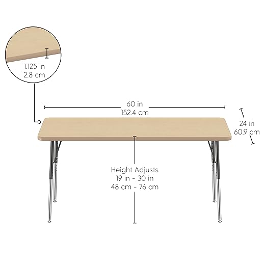 FDP Rectangle Activity School and Office Table (24 x 60 inch), Standard Legs with Swivel Glides, Adjustable Height 19-30 inches - Maple Top and Maple Edge