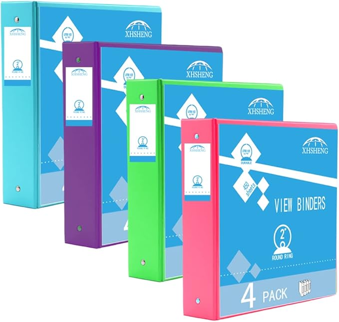 2 Inch 3 Ring Binders,Multicolor Customizable Round Ring Binder for School,Office,Home,Purple/Pink/Blue/Green,4 Pack