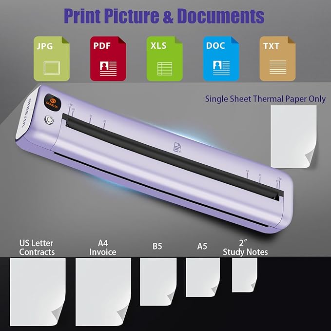Rongta Portable Printer Wireless for Travel, Bluetooth WiFi Inkless Thermal Printers for 8.5" x 11" US Letter & A4 Size, Compatible with Android iOS Phone Mac Windows Laptop for Office & Home (Purple)