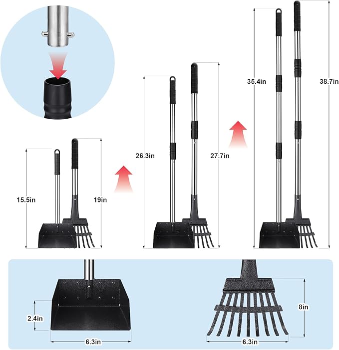 BABORUI Metal Chicken Poop Scooper Kit – Adjustable Height 15"-38", Heavy-Duty Rake & Shovel Set for Chicken Coop Cleaning, Detachable Stainless Steel Poop Shovel for Chicken Coop Accessories