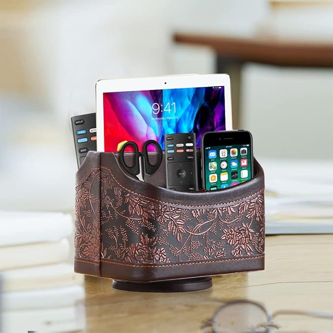 Fanousy 360° Rotating Remote Control Holder, PU Leather TV Remote Caddy Organizer Basket Storage Box with 5 Compartments for Pen, Pencil, Art Supplies, Makeup Brush, Office Desk Table Accessories