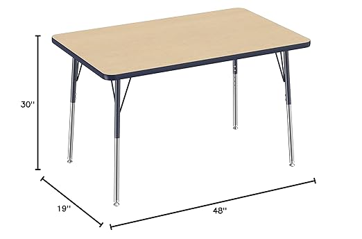 FDP Rectangle Activity School and Office Table (30 x 48 inch), Standard Legs with Swivel Glides, Adjustable Height 19-30 inches - Maple Top and Navy Edge