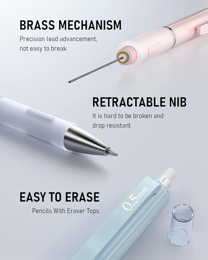 Nicpro 3PCS Pastel Mechanical Pencil Set, 0.5 Mechanical Pencils with 6 Tube HB Lead 0.5mm, 3 Eraser and 9 Eraser Refill & Case, Aesthetic School Supplies for Drafting Sketching, Drawing & Writing