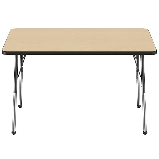 FDP Rectangle Activity School and Office Table (30 x 48 inch), Standard Legs with Ball Glides, Adjustable Height 19-30 inches - Maple Top and Black Edge