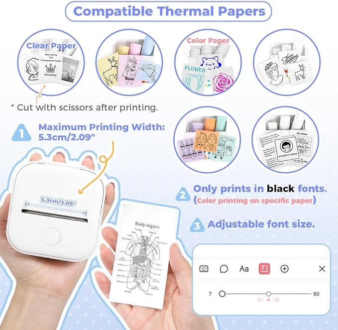 Memoking Mini Portable Printer - T02 Inkless Pocket Thermal Sticker Maker Mini Sticker Printer Mobile Label Maker for Student, Gift, White (Bunny Case Not Included)