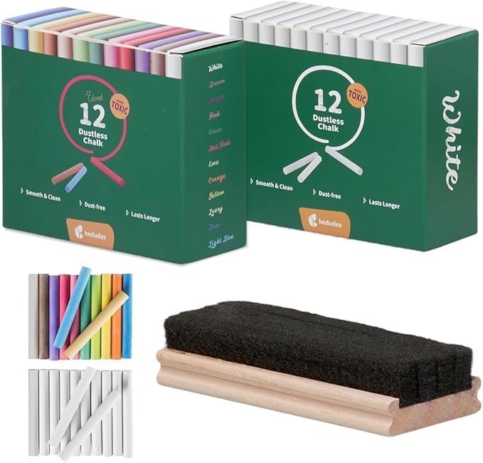 Kedudes Dustless Chalk with Eraser, 24pk - 12 Colored Chalkboard Chalks and 12 White Chalk for Chalkboard and Board Erasers Set - Blackboard Chalks and Eraser with Wooden Handle
