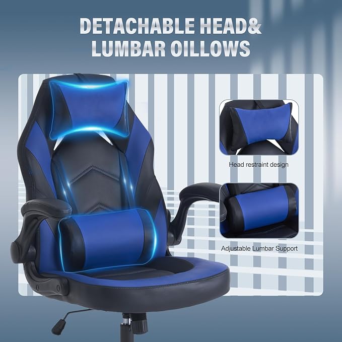 DUMOS Ergonomic Gaming Office Desk Chair with Flip-up Armrests for Adults, Height Adjustable PU Leather Video Game Computer Chair with 360° Rolling Wheels for Home and Office, Royal Blue