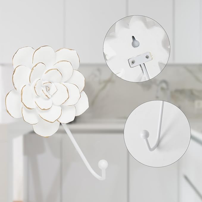 Guichifun Flower Coat Hooks Wall Decor - 2pcs Resin White Decorative Wall Hooks for Hanging Clothes Coats Towels Keys Bags Hats Bathroom Home Decoration Gift 4 x 1.5 x 7 Inch